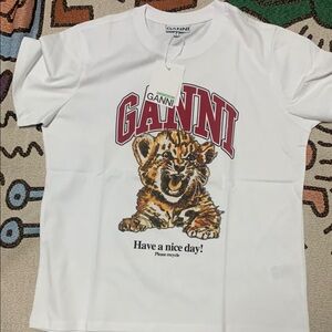 Ganni White Tee with Red Logo and Tiger Cub Graphic
